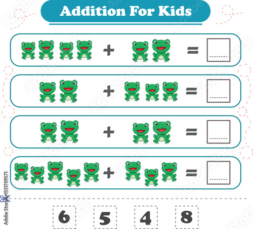 Addition for children. Addition with frog. Worksheets for children. Vector illustration