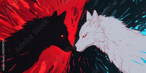 Two Wolves Facing Each Other In A Colorful Background