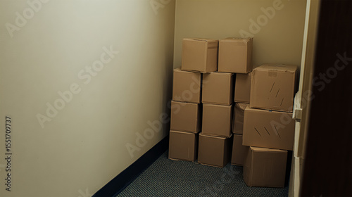 Moving day concept, cardboard carton boxes stack with household belongings in modern house living room, packed containers on floor in new home, relocation, renovation, removals and delivery service.