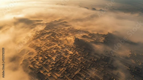 Aerial view of ancient ruins shrouded in fog at sunrise, evoking mystery