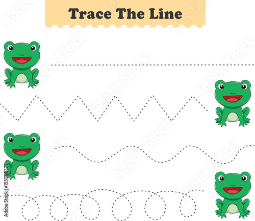 Trace line worksheets for children. Preschool handwriting practice with frog. Vector illustration