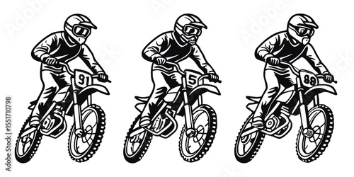 Black and white motocross riders illustration action packed dirt bike sports concept