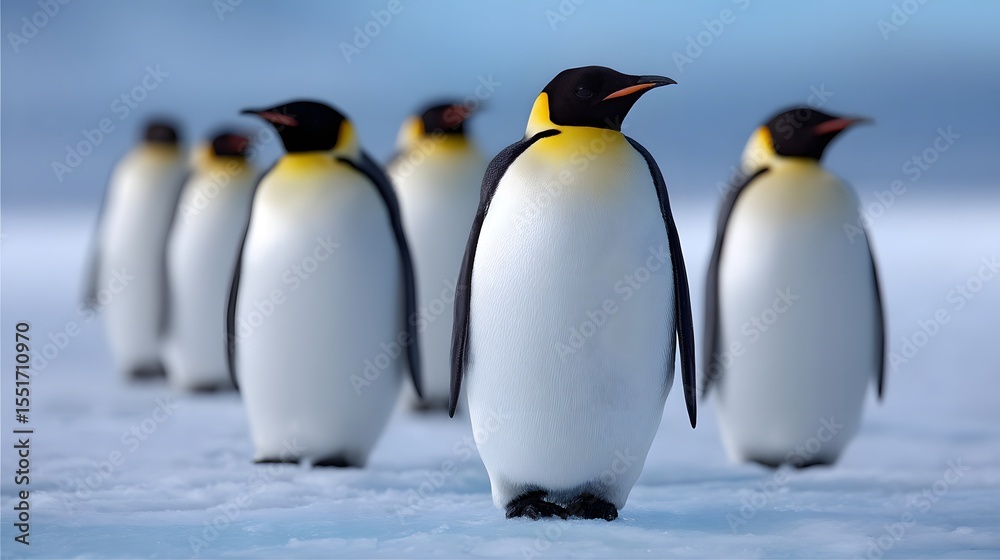 Fototapeta premium Flock of penguins standing on ice in the Arctic