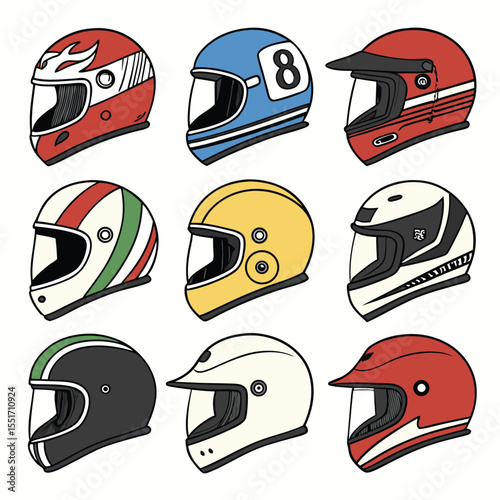 Collection of retro racing helmets in various colors and designs vector illustration
