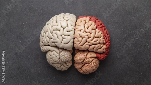 Anatomical model of a human brain showcasing left and right hemispheres