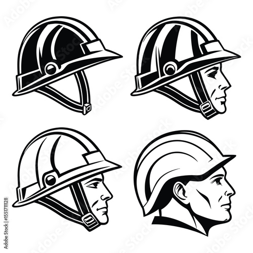 Four monochrome construction worker or fireman helmet designs in vector format