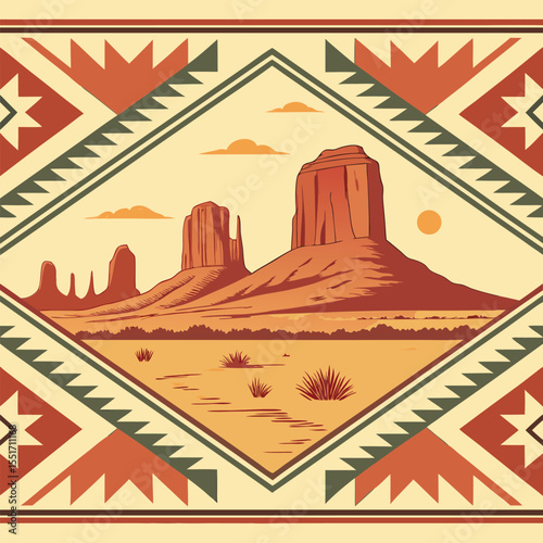 Desert landscape illustration with southwestern tribal border design