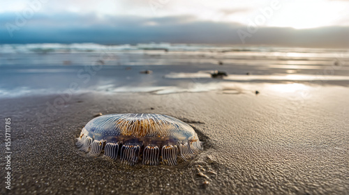 Sky and water. Jellyfish on the beach in the morning. Rhopilema nomadica jellyfish at the Mediterranean sea on the shore. Jellyfish washed up on a beach. Large jellyfish lies on the shore of a beach