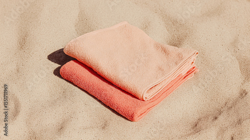 Aerial view of living coral towel on sand and beach . Free space for your decoration. Summer time