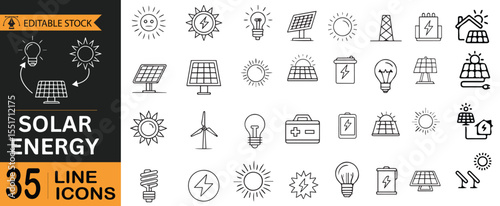 Solar Energy Line Icons Pack – 35 Thin Outline Eco Power and Renewable Symbols