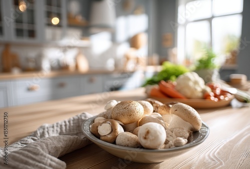 Freshly harvested mushrooms displayed in a rustic kitchen setting with vegetables in the background, natural light illuminating the wooden table