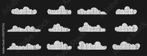 Cloud icon set with fluffy rounded top drawn in pastel pencil. Chalk sky elements, crayon silhouette bundle cloudscape on a dark background. 