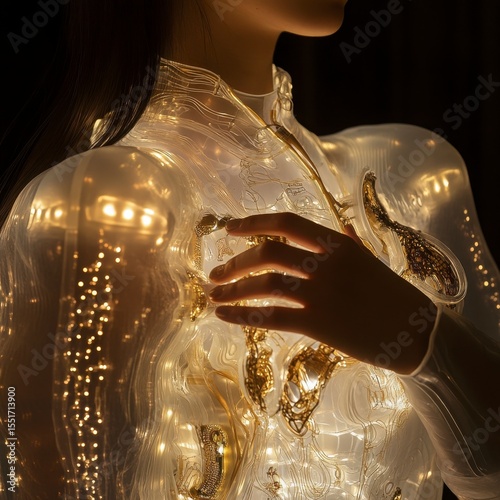 Woman In Illuminated Transparent Gown With Golden Details