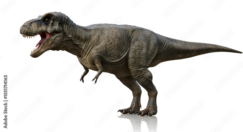 Fototapeta premium Side profile of T. rex roaring, detailed skin, white glossy background.