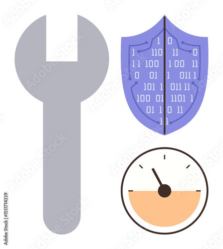 Wrench, binary-coded shield, and speedometer combine concepts of cybersecurity, system optimization, data protection, and performance analysis. Ideal for technology, safety, protection efficiency