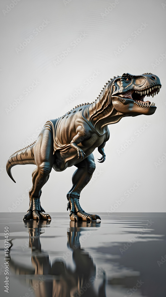Side profile of T. rex roaring, detailed skin, white glossy background.
Side profile of T. rex roaring, detailed skin, white glossy background.
