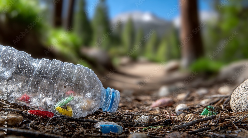 Obraz premium Littering of plastic bottles on forest path showcases devastating environmental consequences