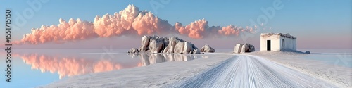 Serene Arctic Landscape with Pink Clouds and a White Structure Reflected in Calm Water