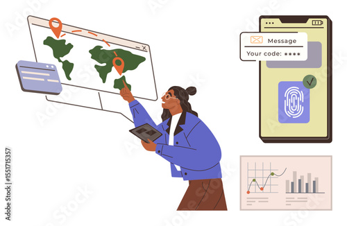 Woman uses tablet to interact with map, highlights locations. Large phone screen shows security code and fingerprint. Charts analyze data trends. Ideal for workflow, security, communication
