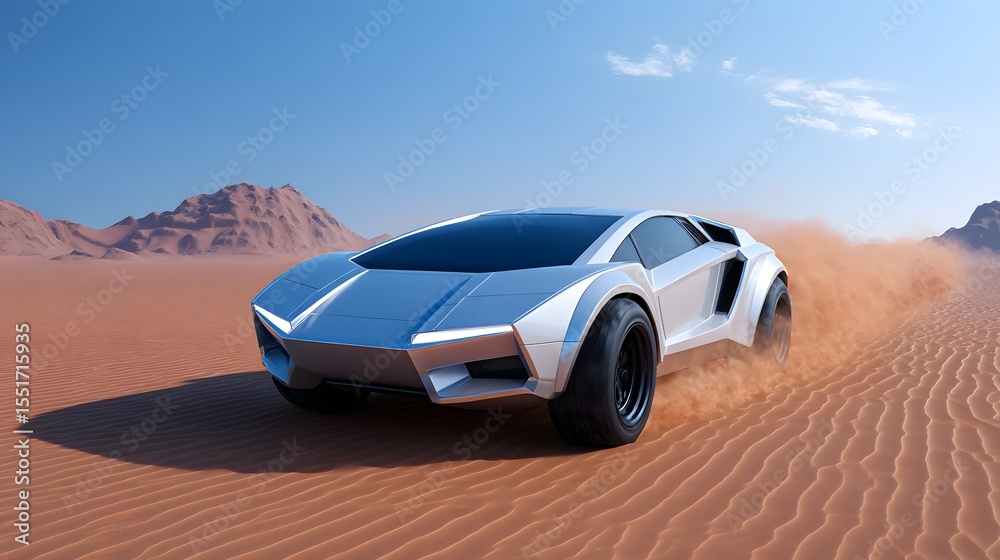 Obraz premium Sleek sports car driving through a desert landscape