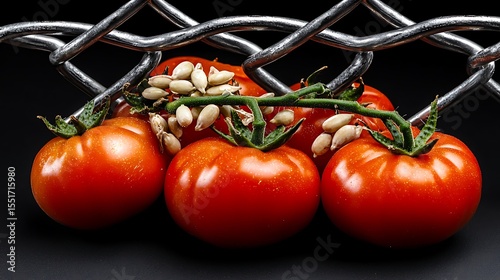 Detailed capture of tomato debris including seeds and thin skins clinging stubbornly to a chain-link fence
