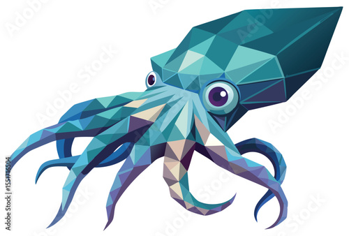 Low Poly Squid Vector Illustration, Geometric Polygonal Sea Animal Icon