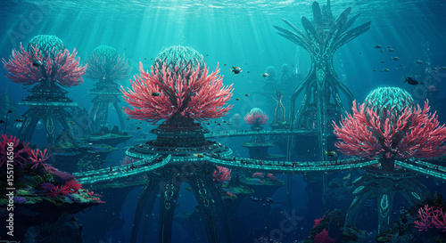Submarine City Underwater Fantasy Landscape with Coral Structures