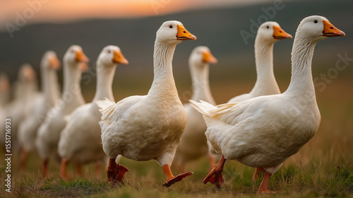 Group of white geese walking on grass in natural outdoor setting during sunset, showing their orange beaks and feet with calm and peaceful atmosphere