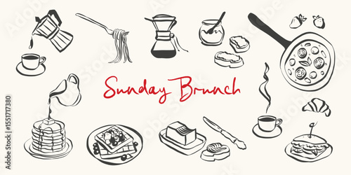 Whimsical brunch doodles. Quirky icons of Italian food in simple crayon and sketch style. Trendy art for menus and dinner brunch invitations. La dolce vita vector illustration