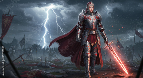 Female Knight in Red Armor with Glowing Sword During a Stormy Battle