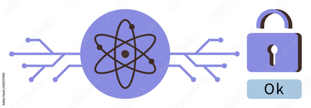 Obraz premium Atomic model linked to circuit lines beside a locked padlock signifying security. Ideal for science, technology, cybersecurity, encryption, data protection, networking, simple flat metaphor