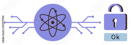 Atomic model linked to circuit lines beside a locked padlock signifying security. Ideal for science, technology, cybersecurity, encryption, data protection, networking, simple flat metaphor