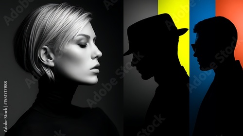 A Woman in Profile Contrasted with Silhouetted Men Against Colorful Backgrounds
