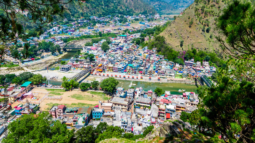 Naklejka premium Bageshwar town situated at the confluence of rivers Saryu and Gomti in Uttarakhand, India
