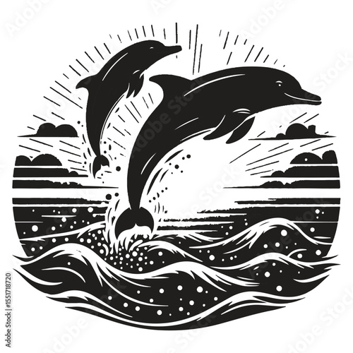A dolphin silhouette in black and white against a white backdrop