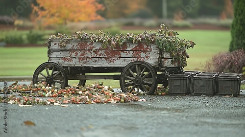 Close-up of old wooden cart covered in drying tomato stains with empty crates left behind in quiet street setting