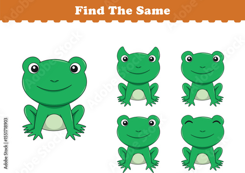 Funny cartoon frog. Find same pictures. Educational game for children. Cartoon vector illustration