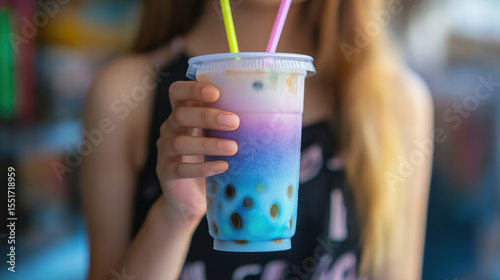 Bubble Tea. Taiwanese bubble milk tea. Boba or tapioca pearls - Taiwanese bubble milk tea in a plastic cup. A set of colorful summer bubble tea, bright creamy pearl tea or tapioca latte