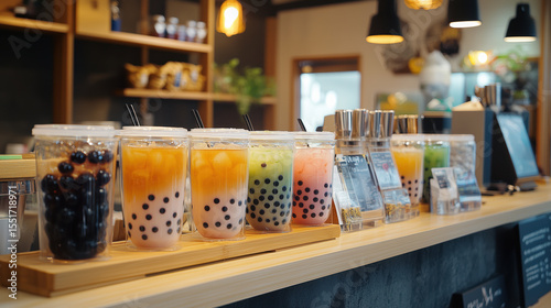 Bubble Tea. Taiwanese bubble milk tea. Boba or tapioca pearls - Taiwanese bubble milk tea in a plastic cup. A set of colorful summer bubble tea, bright creamy pearl tea or tapioca latte