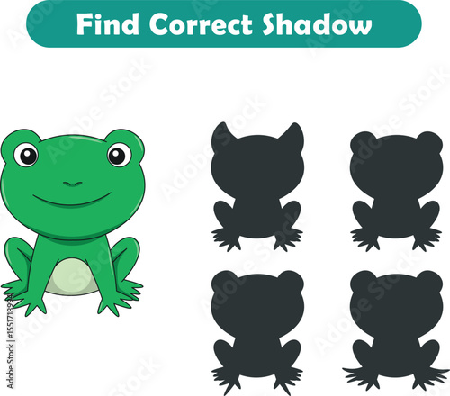 Funny cartoon frog. find the correct shadow. Kids Education games. Cartoon vector illustration