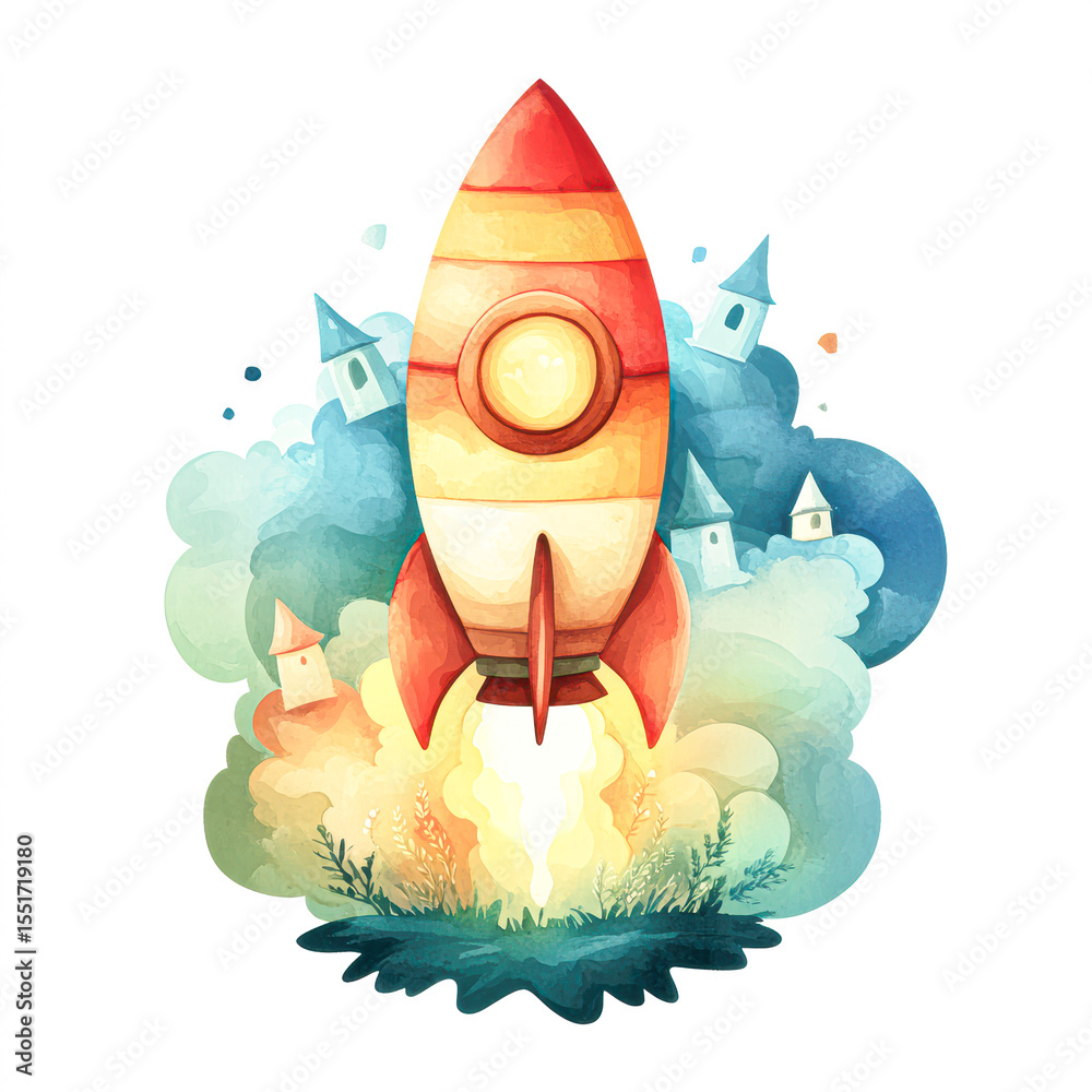 A colorful, whimsical rocket blasting off with smoke, surrounded by small house-like towers in a dreamy, watercolor style. A colorful, whimsical rocket blasting off with smoke, surrounded by small house-like towers in a dreamy, watercolor style.