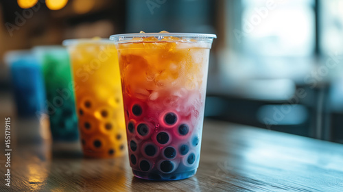 Bubble Tea. Taiwanese bubble milk tea. Boba or tapioca pearls - Taiwanese bubble milk tea in a plastic cup. A set of colorful summer bubble tea, bright creamy pearl tea or tapioca latte