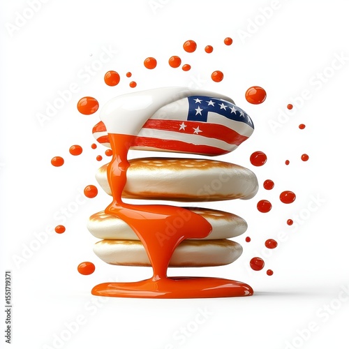 Patriotic Pancake Stack with Orange Syrup and American Flag Decor