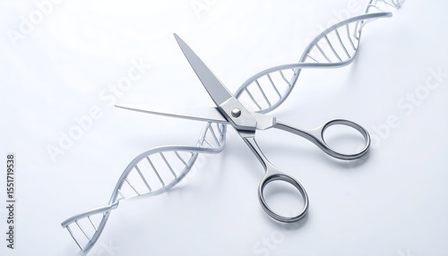 Sleek, minimal concept of CRISPR gene editing. Silver molecular scissors hover over a DNA line on a clean white background with soft shadows.