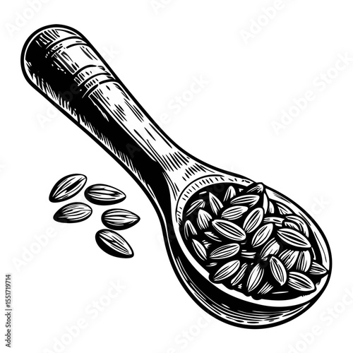 Wooden spoon filled with seeds.  Spoon brimming with flax seeds, perfect for cooking and baking.