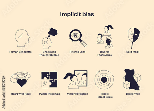 Implicit bias is shown through symbols like human silhouettes, masks, and puzzle pieces, illustrating hidden prejudices and perception gaps. Doodle style
