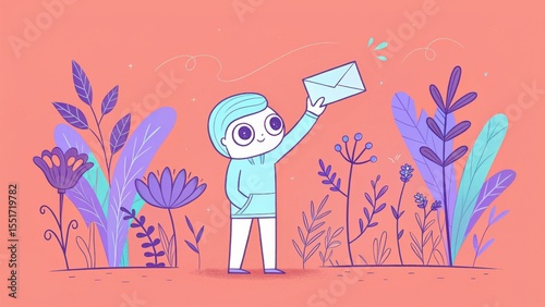 A whimsical illustration of a character holding an envelope surrounded by stylized purple and blue plants on a coral background.
