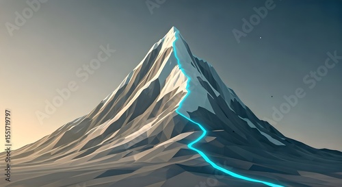 Low poly mountains with blue neon light, 3d rendering. Computer digital drawing.