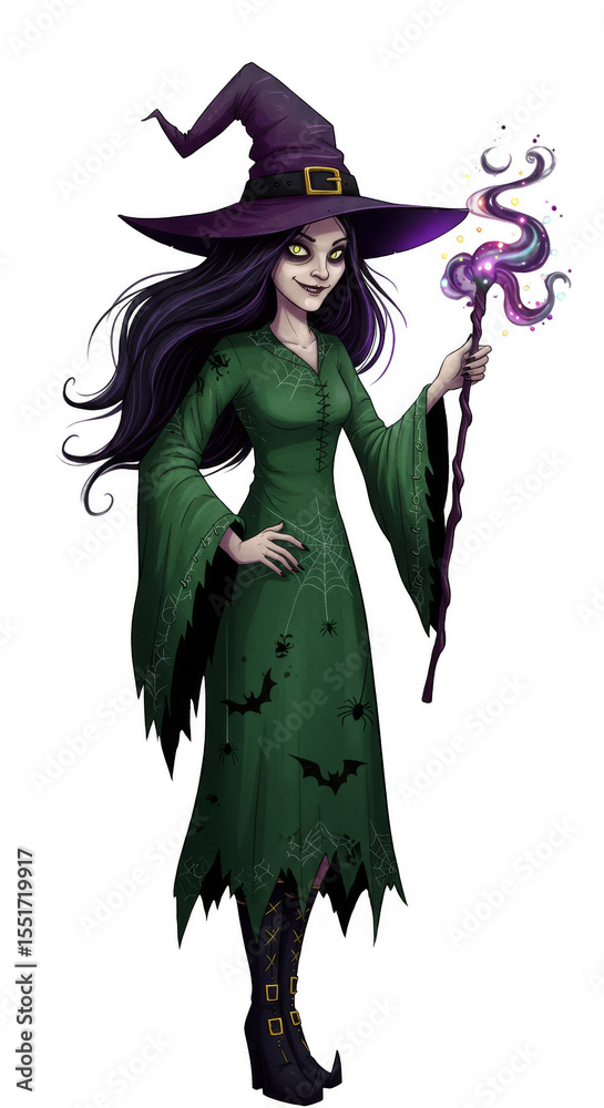 Illustration Of Pixel Art Style Witch In Green Dress And Pointed Hat Illustration Of Pixel Art Style Witch In Green Dress And Pointed Hat