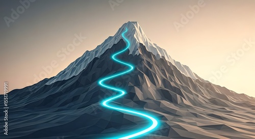 Mountain with blue neon lights, 3d rendering. Computer digital drawing.
